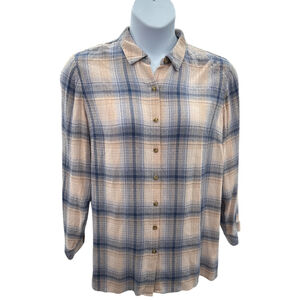 J Jill Plaid Button Up Shirt‎ Size L Womens Beige Blue Rayon Blend Top